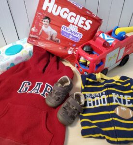 diapers, shoes, toys, baby proofing material, and more are available to request as a donation from our baby closet.